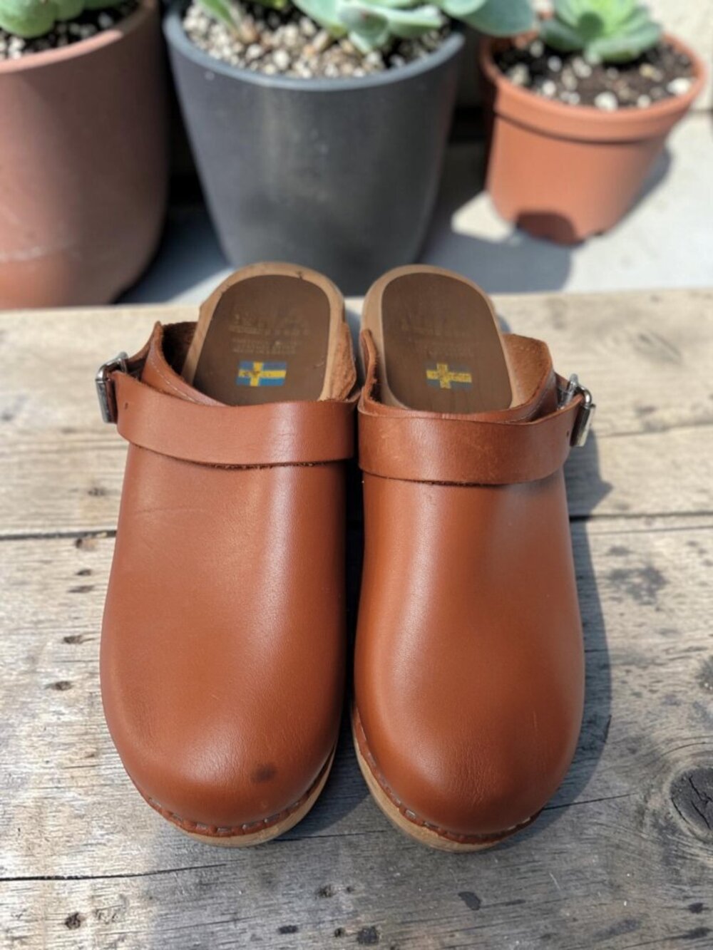 Lotta from Stockholm Classic Low Clog Cognac Leather Wood Sole Sweden EU 39